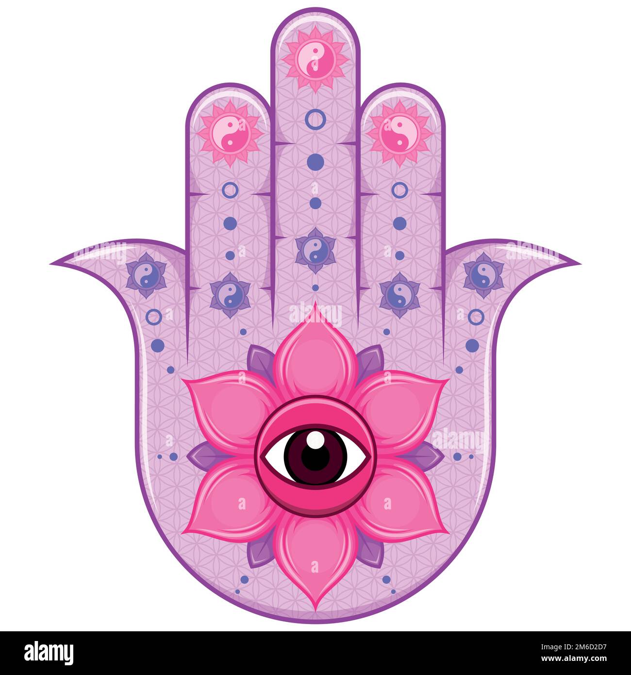 Hamsa symbol vector design with lotus flower and yin yang, hand of fatima symbol, illustration of Jamsa with god's eye Stock Vector