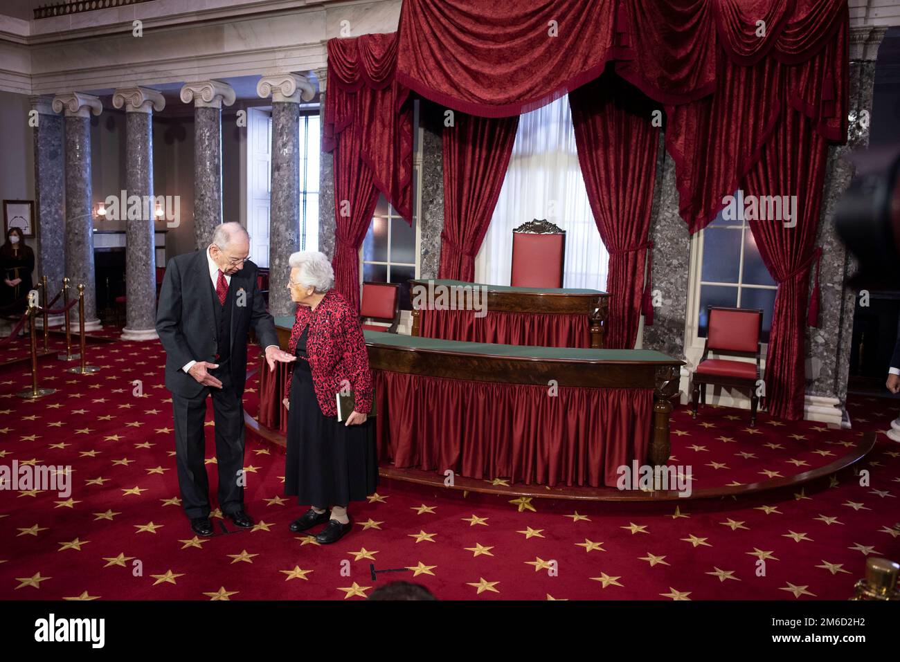United States Senator Chuck Grassley (Republican of Iowa) talks with