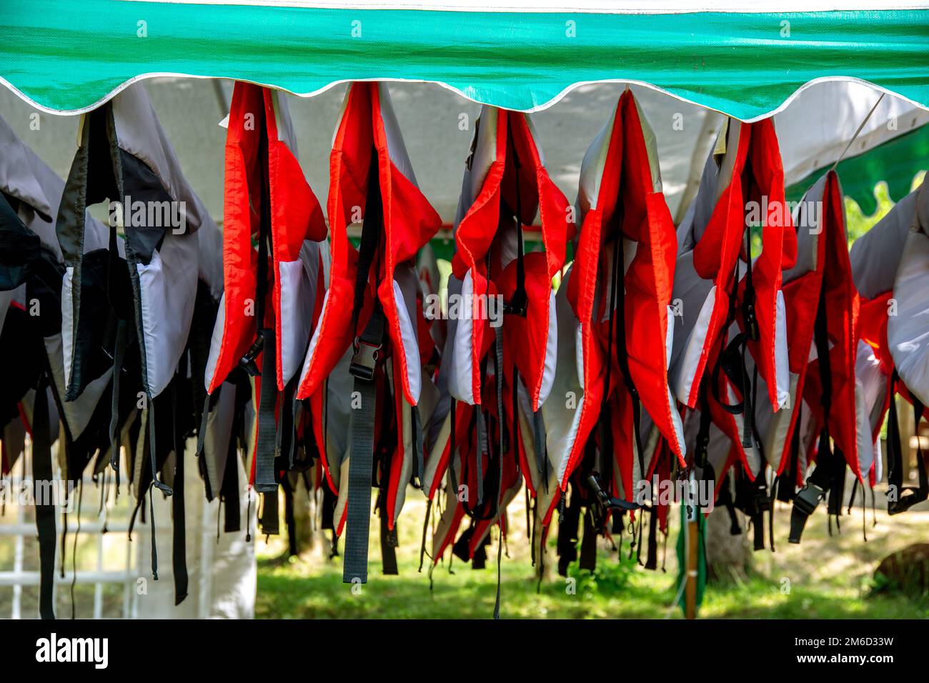 Life jackets drying in the shed Stock Photo Alamy