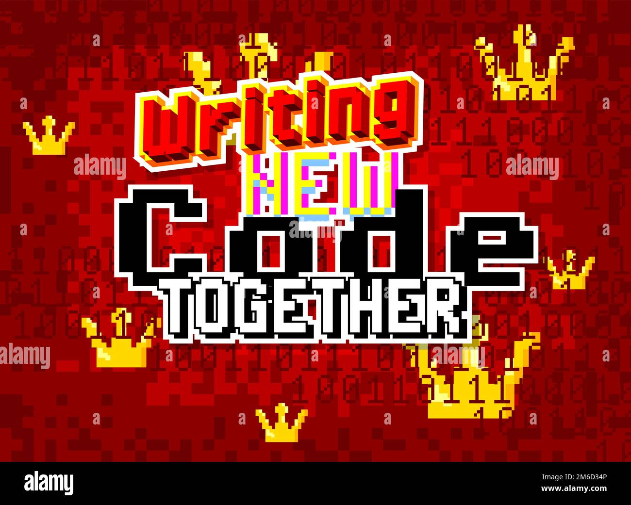 Writing New Code Together. Pixelated text with geometric graphic background. Vector cartoon illustration. Stock Vector