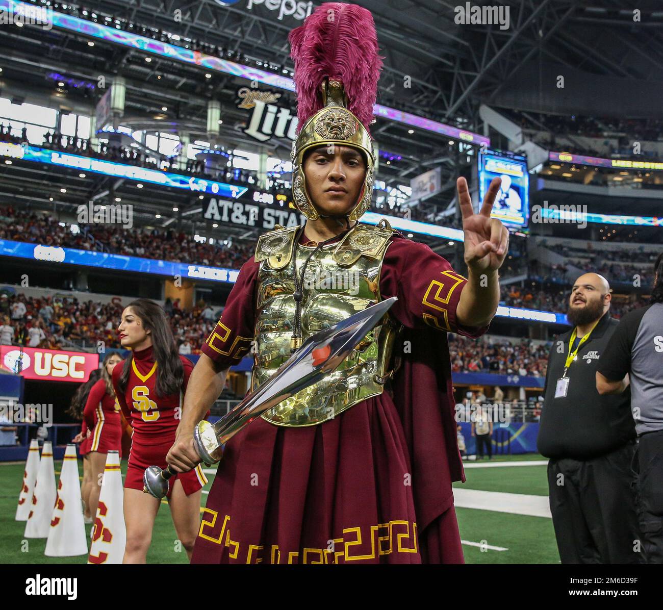 Arlington, TX, USA. 2nd Jan, 2023. The Trojan drum major on the sidelines during the 2023 Goodyear Cotton Bowl football game between the Tulane Green Wave and USC Trojans at AT&T Stadium in Arlington, TX. Kyle Okita/CSM/Alamy Live News Stock Photo