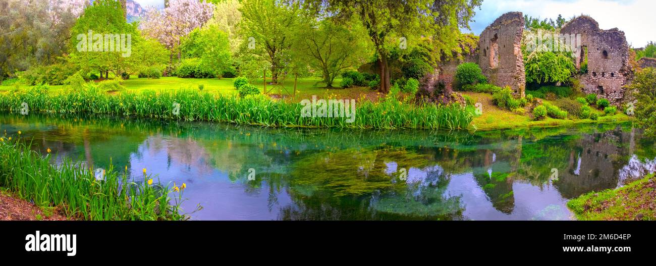 Panoramic dream river enchanted castle ruins garden fairy tale nymph garden Stock Photo