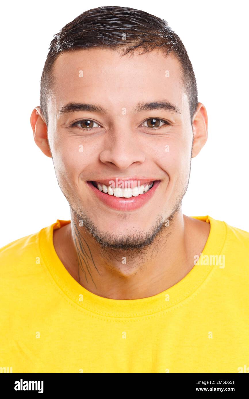 Portrait of a young latin man smiling happy people isolated on white Stock Photo