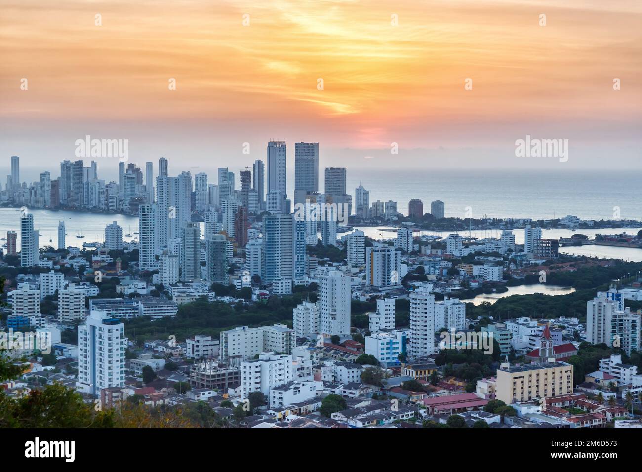 Cartagena skyline Colombia city sea skyscrapers sunset twilight Stock Photo