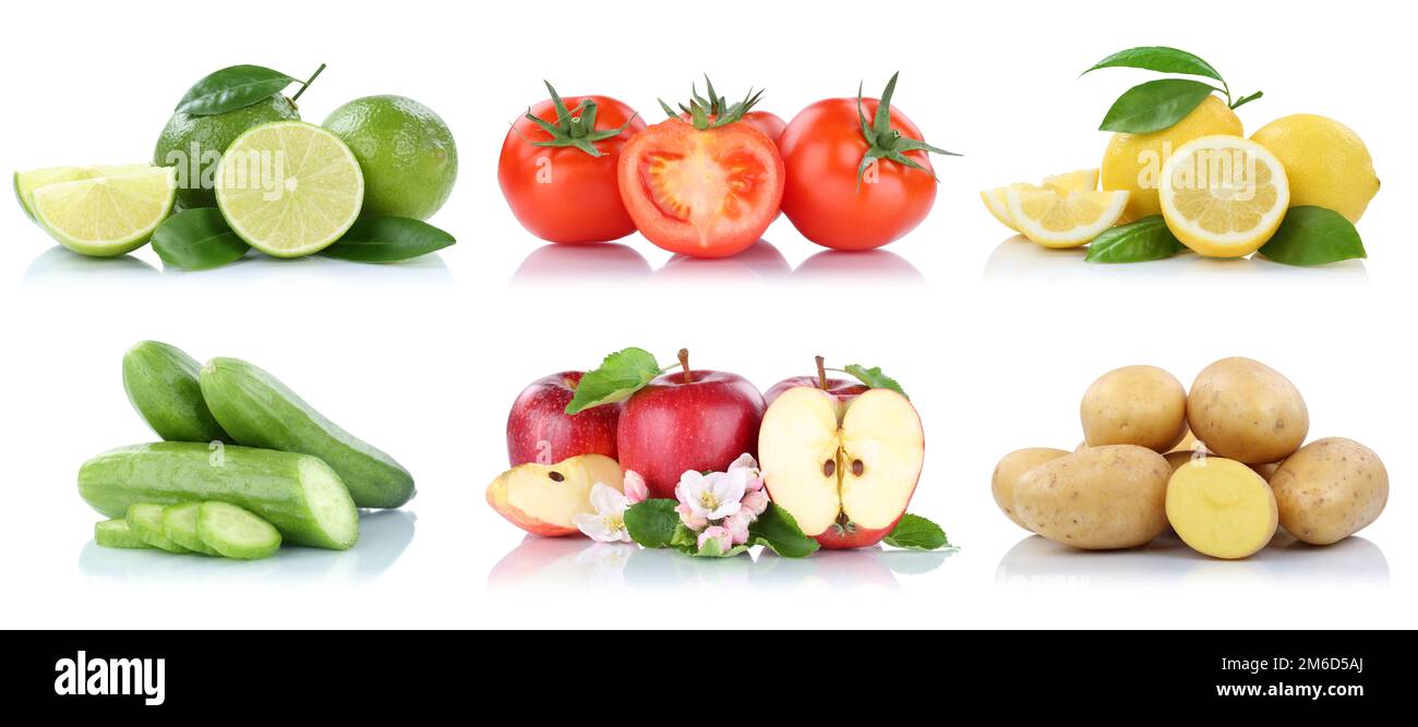 Fruits vegetables collection isolated apple apples tomatoes lemons