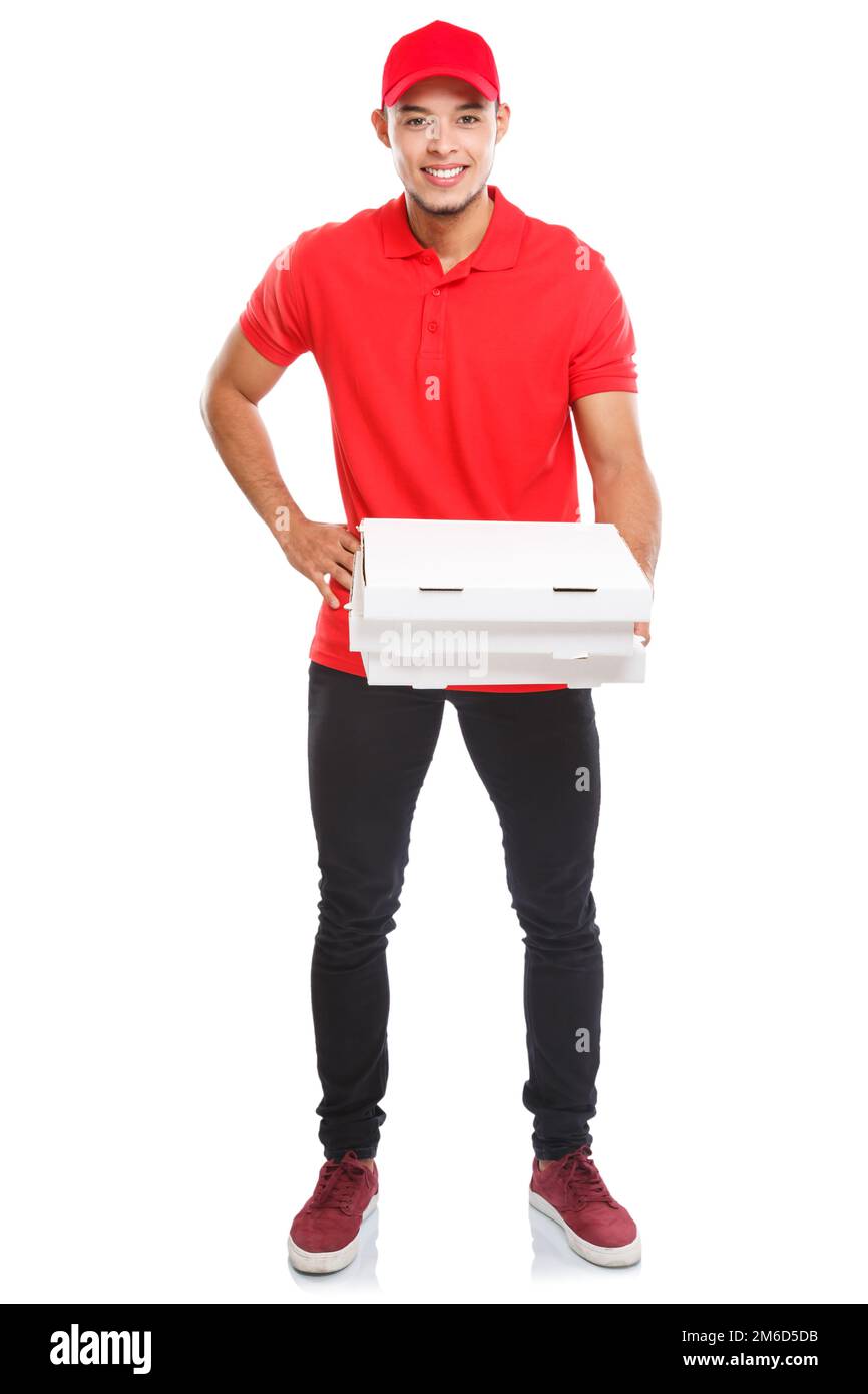 Pizza delivery latin man boy order delivering job full body portrait