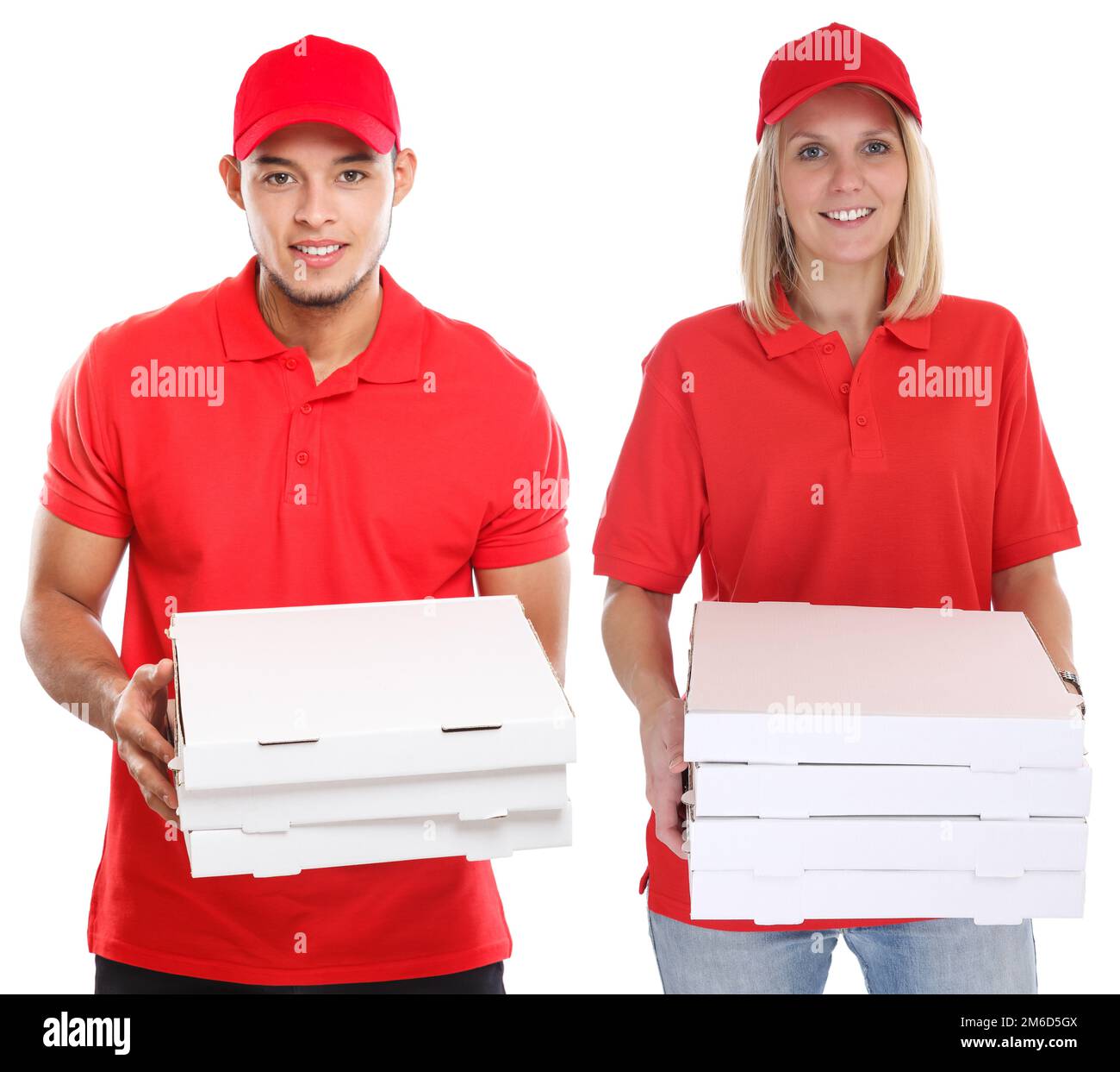 Pizza delivery woman man order delivering job young isolated on white