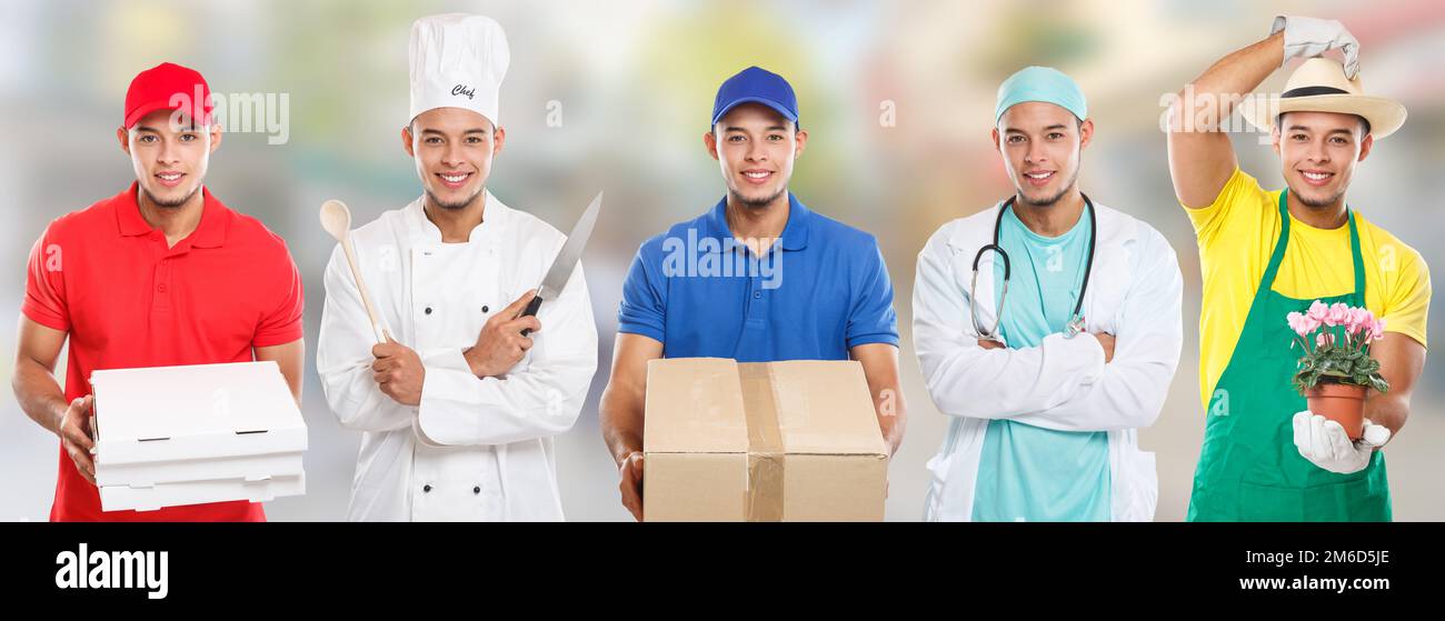 Occupations occupation education training profession doctor cook young latin man job town Stock Photo