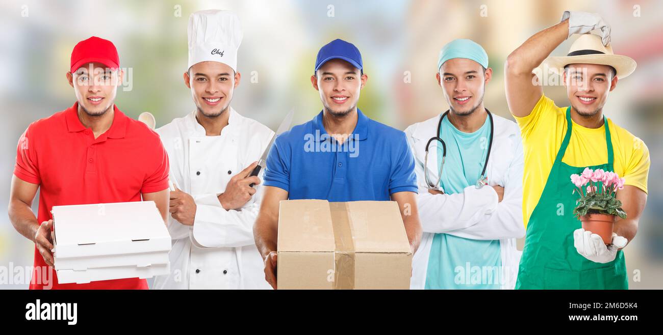 Occupations occupation education training profession doctor cook group of young people latin man job town Stock Photo