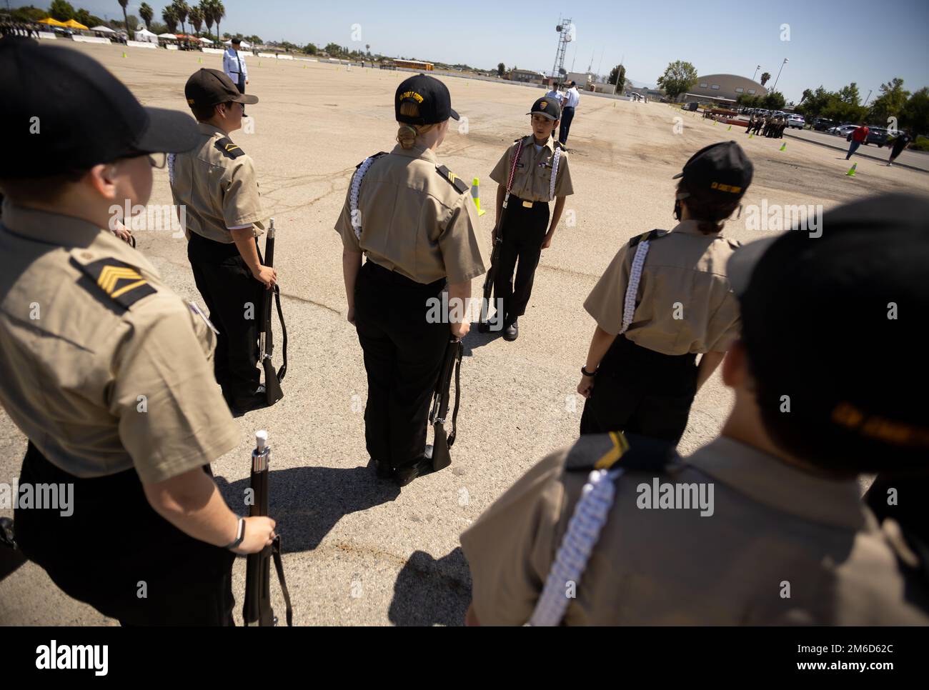 California Cadet Corps Cadet Sgt. Adam Habbal, a sixth grader in Tropico Middle School’s 277th Battalion, calls a command to his school’s exhibition drill team before their performance during the Corps’ statewide drill competition, April 23, 2022, at Joint Forces Training Base, Los Alamitos, California. California Cadet Corps is a school-based youth leadership development program run by the California Military Department’s Task Force Torch which focuses on youth and community programs. Stock Photo