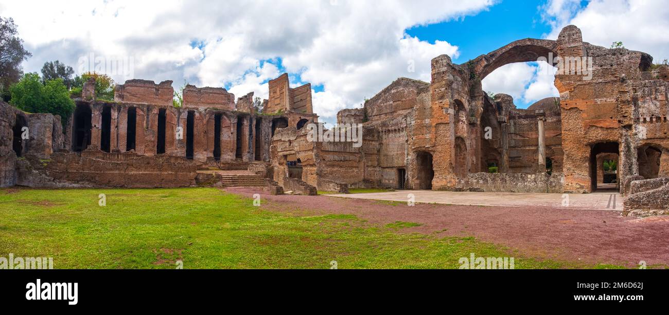 Roman ruins panoramic Grandi Terme area in Villa Adriana or Hadrians Villa archaeological site of UNESCO in Tivoli - Rome - Lazi Stock Photo