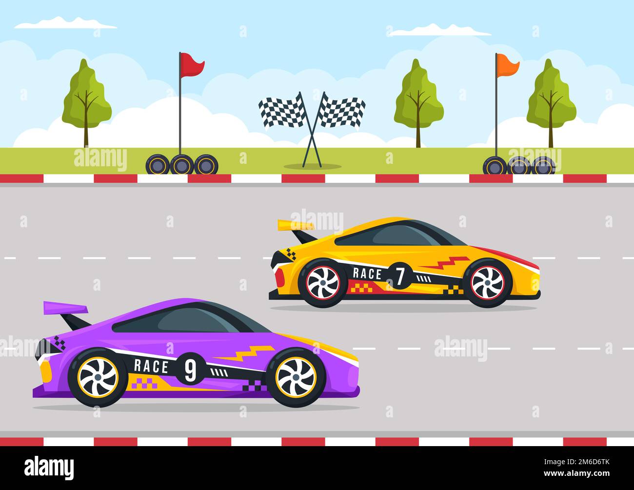 Formula Racing Sport Car Reach on Race Circuit the Finish Line Cartoon