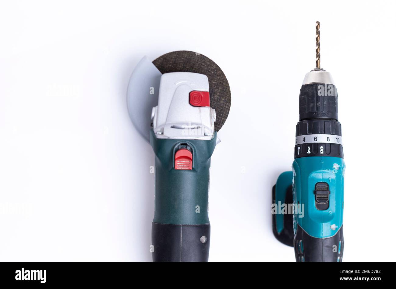 Screwdriver and angle grinder Stock Photo