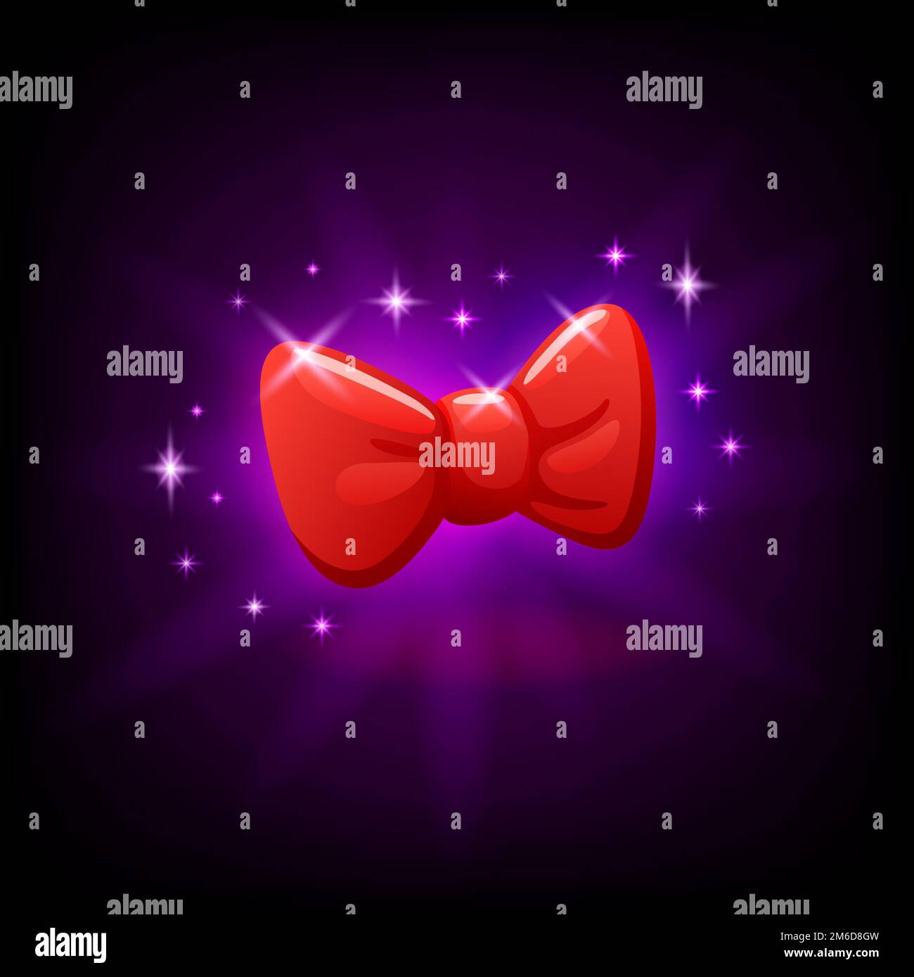 Red bow tie slot icon for online casino or mobile game, vector illustration with sparkles on dark purple background. Stock Photo