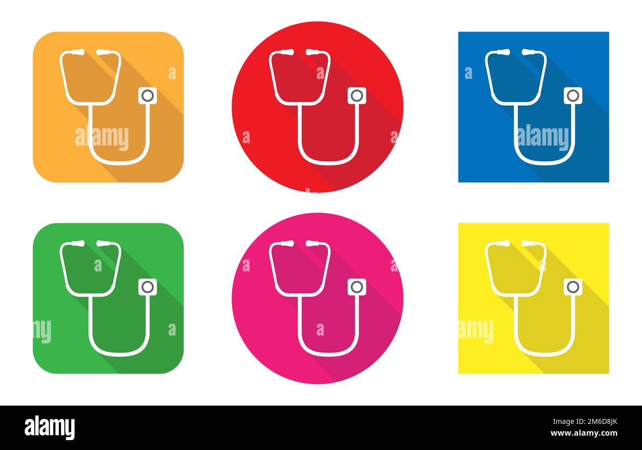 Two stethoscopes on a colored round and square background, long shadow. Stock Photo