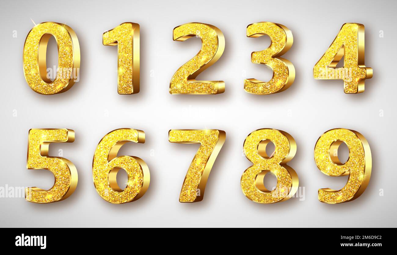 Golden metal unique numbers set with sparkles, realistic vector illustration. Glossy or shining gold metal symbols or signs from 0 to 9, isolated on white background Stock Vector