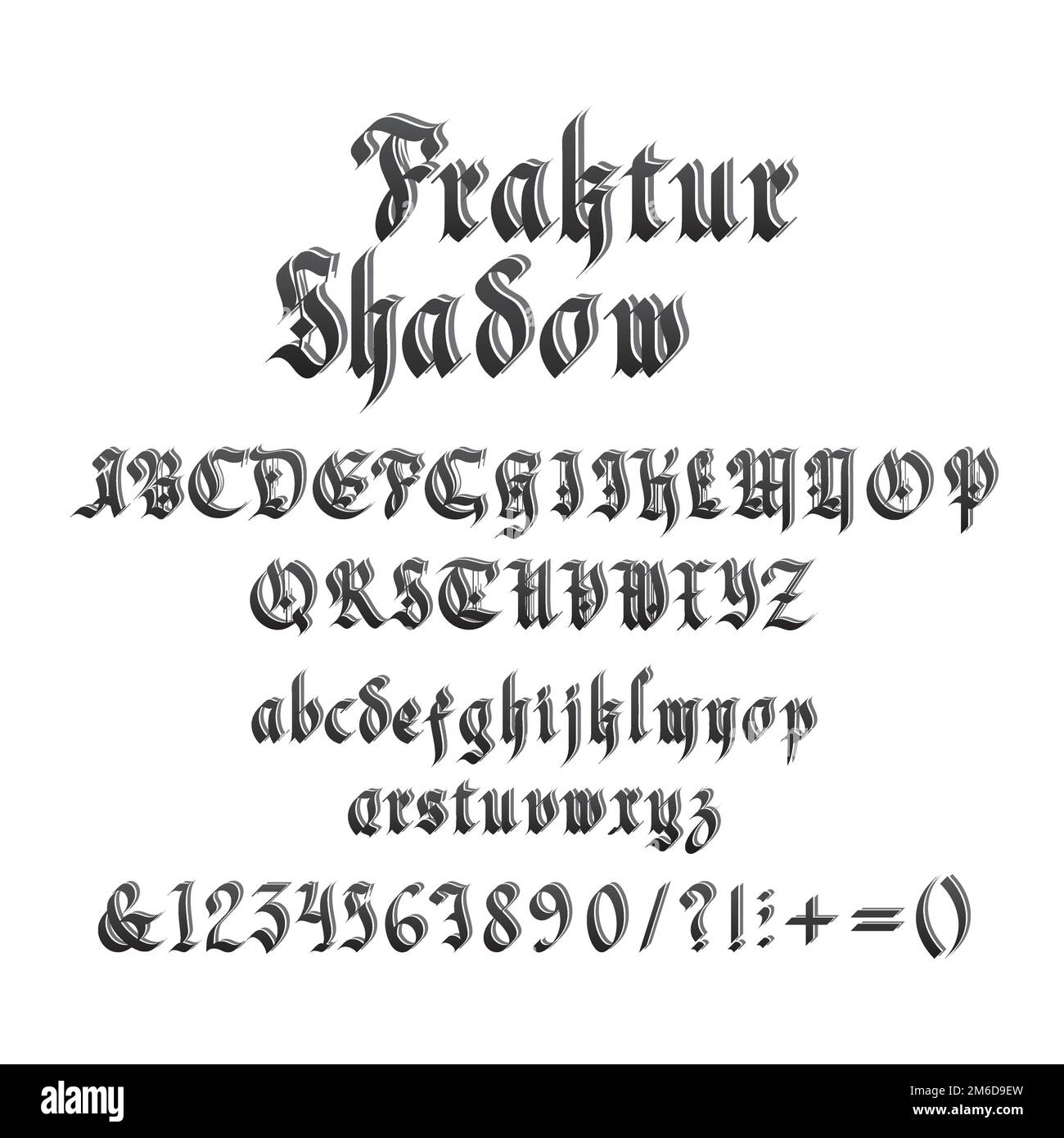 Vintage gothic font with shadow vector illustration. Unique decorative black capitals and lowercase calligraphic alphabet letters, numbers, symbols and signs on white background. Latin medieval type Stock Vector