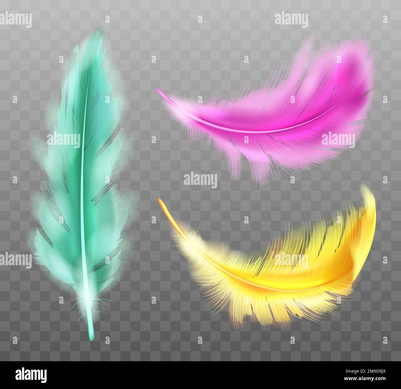 Color fluffy feathers vector realistic set isolated on transparent background. Yellow green pink soft feathers from wings of tropical birds or angel, symbol of softness and purity, design element Stock Vector