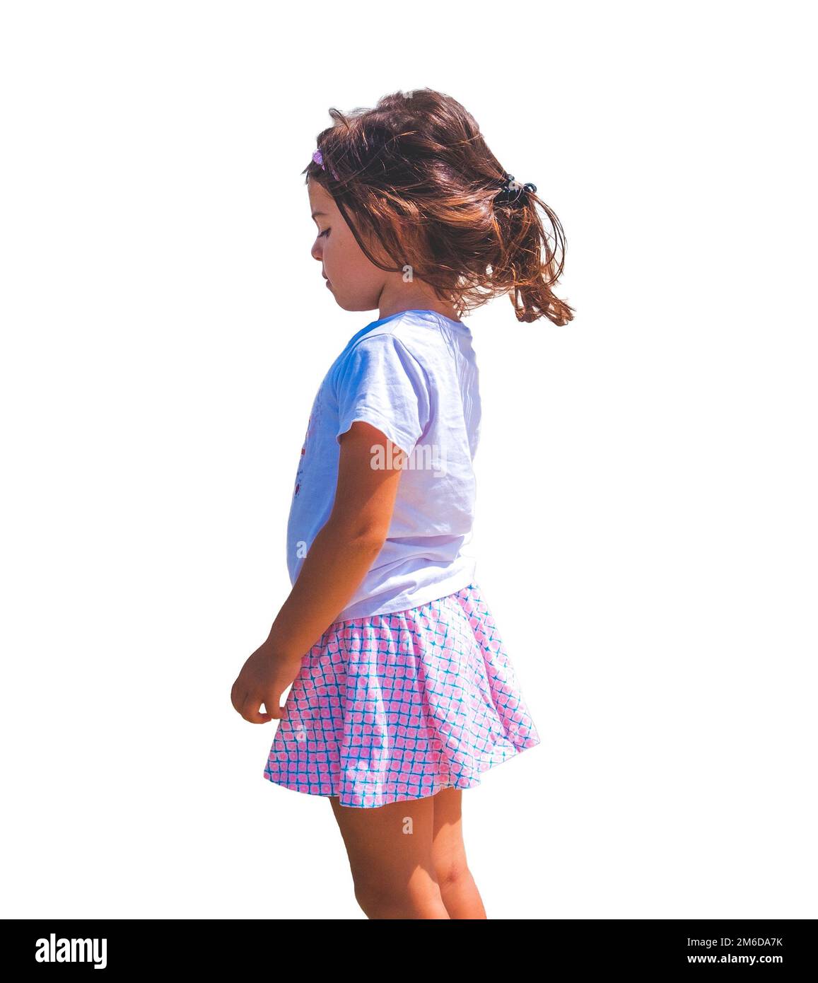 Sad children emotion isolated side view female baby girl background Stock Photo