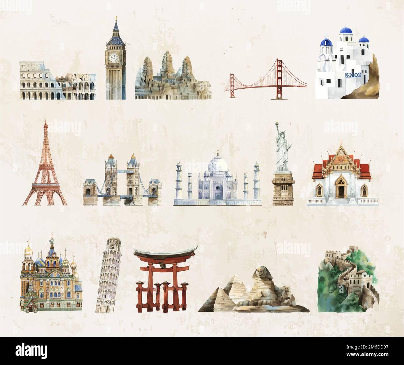 Collection of architectural landmarks painted by watercolor Stock Vector