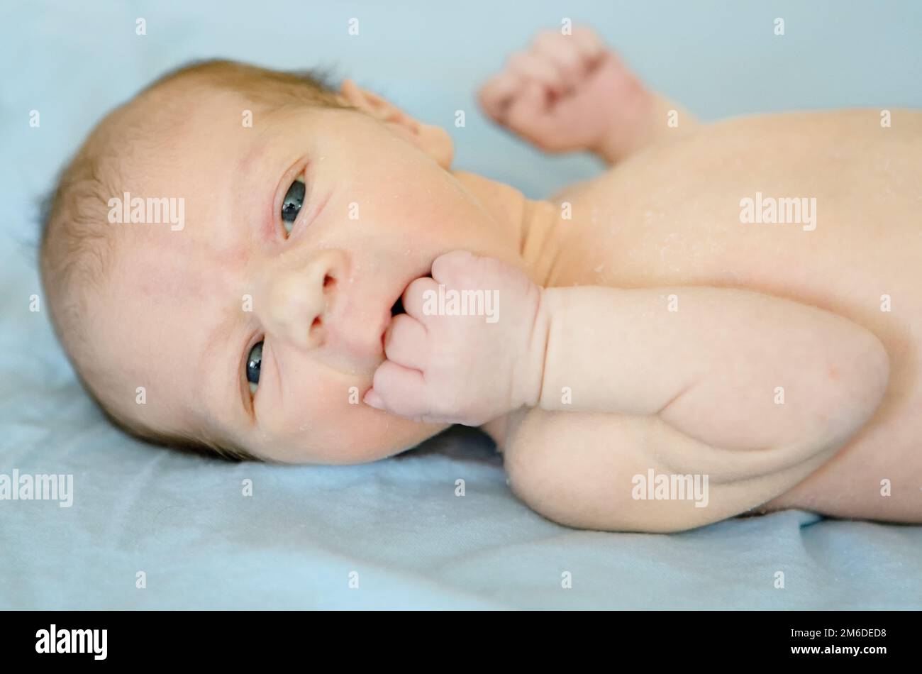 Lying on the bed sheet baby at home Stock Photo Alamy