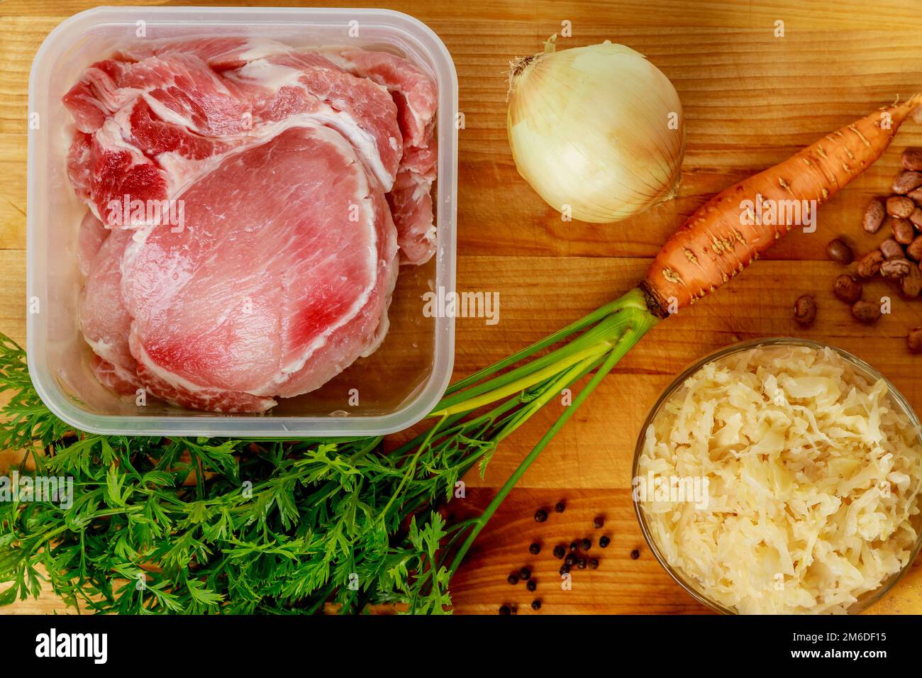 The ingredients for making sauerkraut soup have been prepared Stock