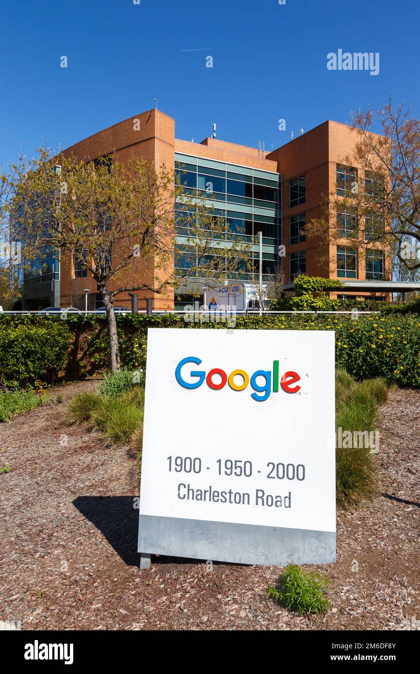 Google headquarter headquarters HQ Googleplex portrait format Mountain View Stock Photo