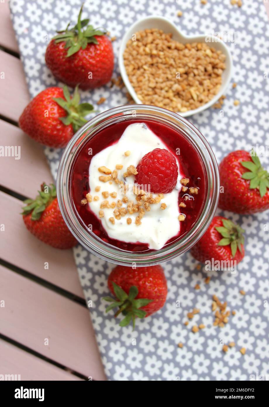 Red fruit jelly with strawberries and raspberries Stock Photo