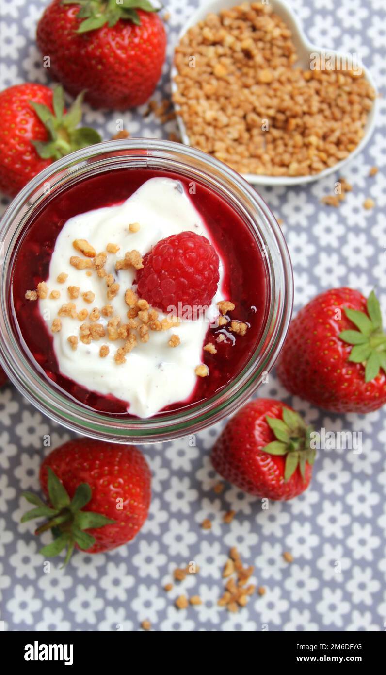 Red fruit jelly with strawberries and raspberries Stock Photo