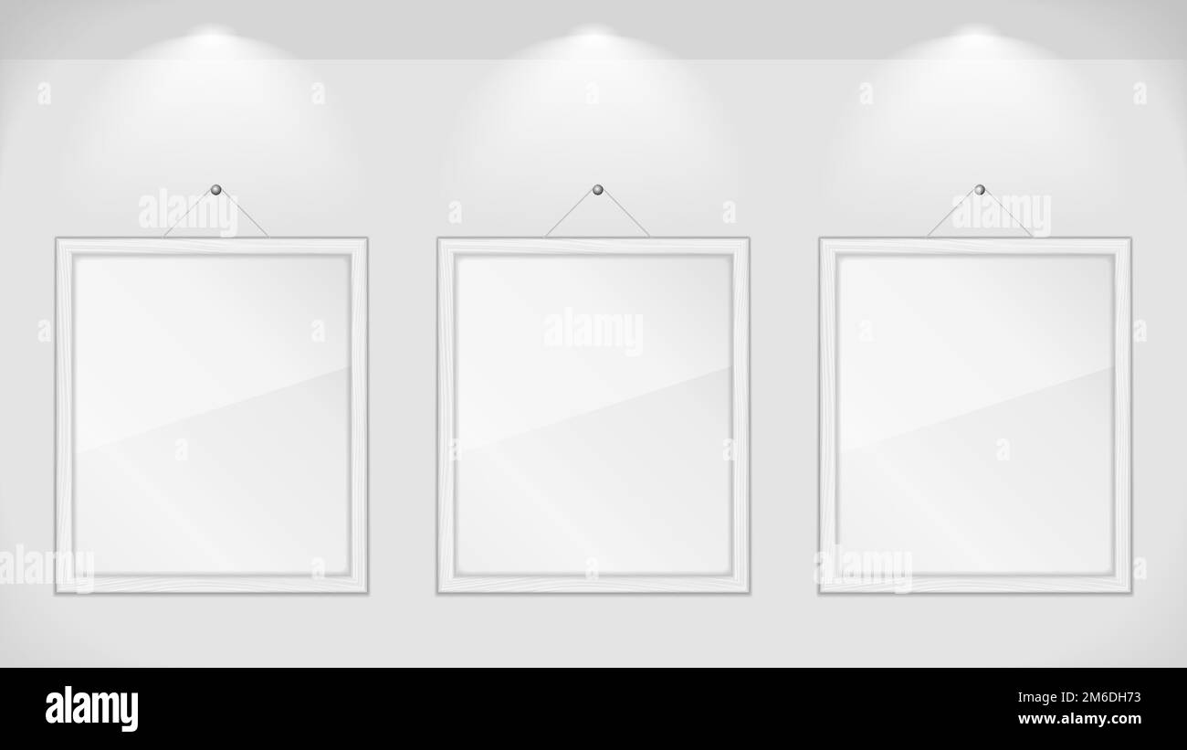 Three white wooden frames on gray wall, vector eps10 illustration Stock