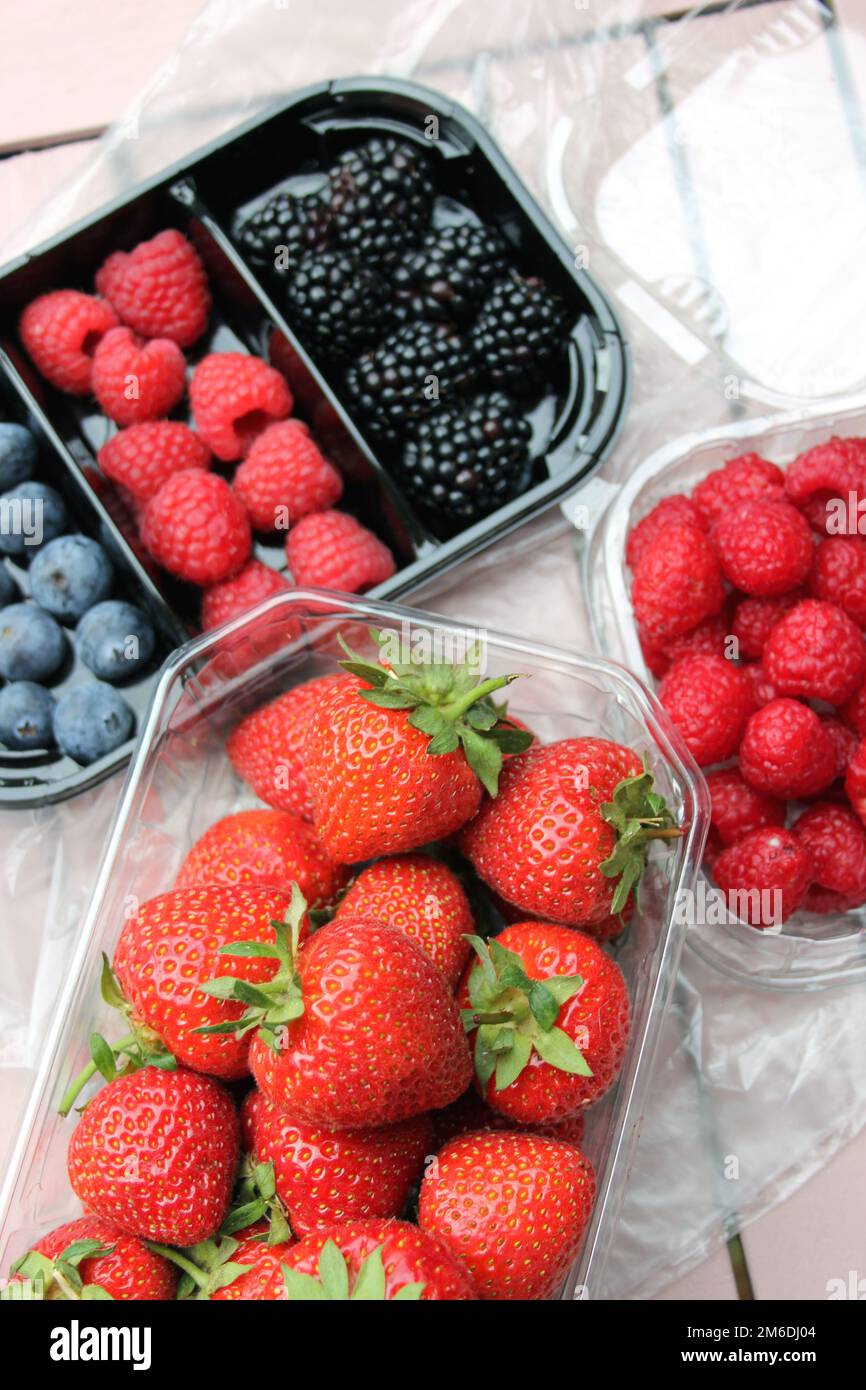 Fresh Fruits in plastic packages Stock Photo Alamy