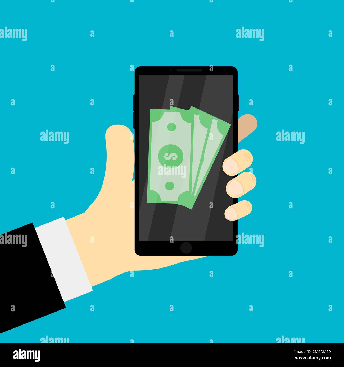 Hand holding mobile with money money on screen holding device with