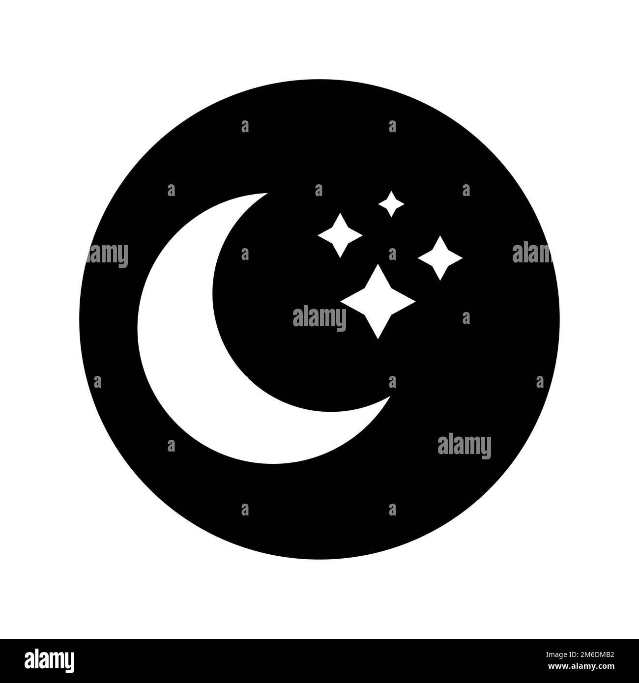 Simple icon of moon. Black background. Moon with stars. White moon