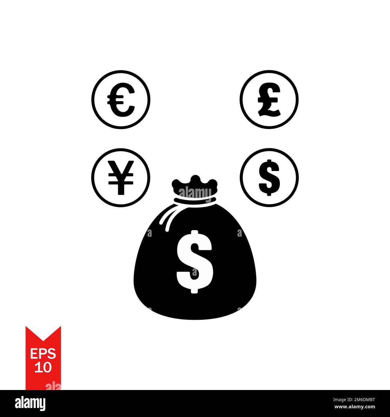 Vector icon of money bag with shadow dollar sign black color EPS 10 full of money bag coins of dollar pound euro uang Stock Photo
