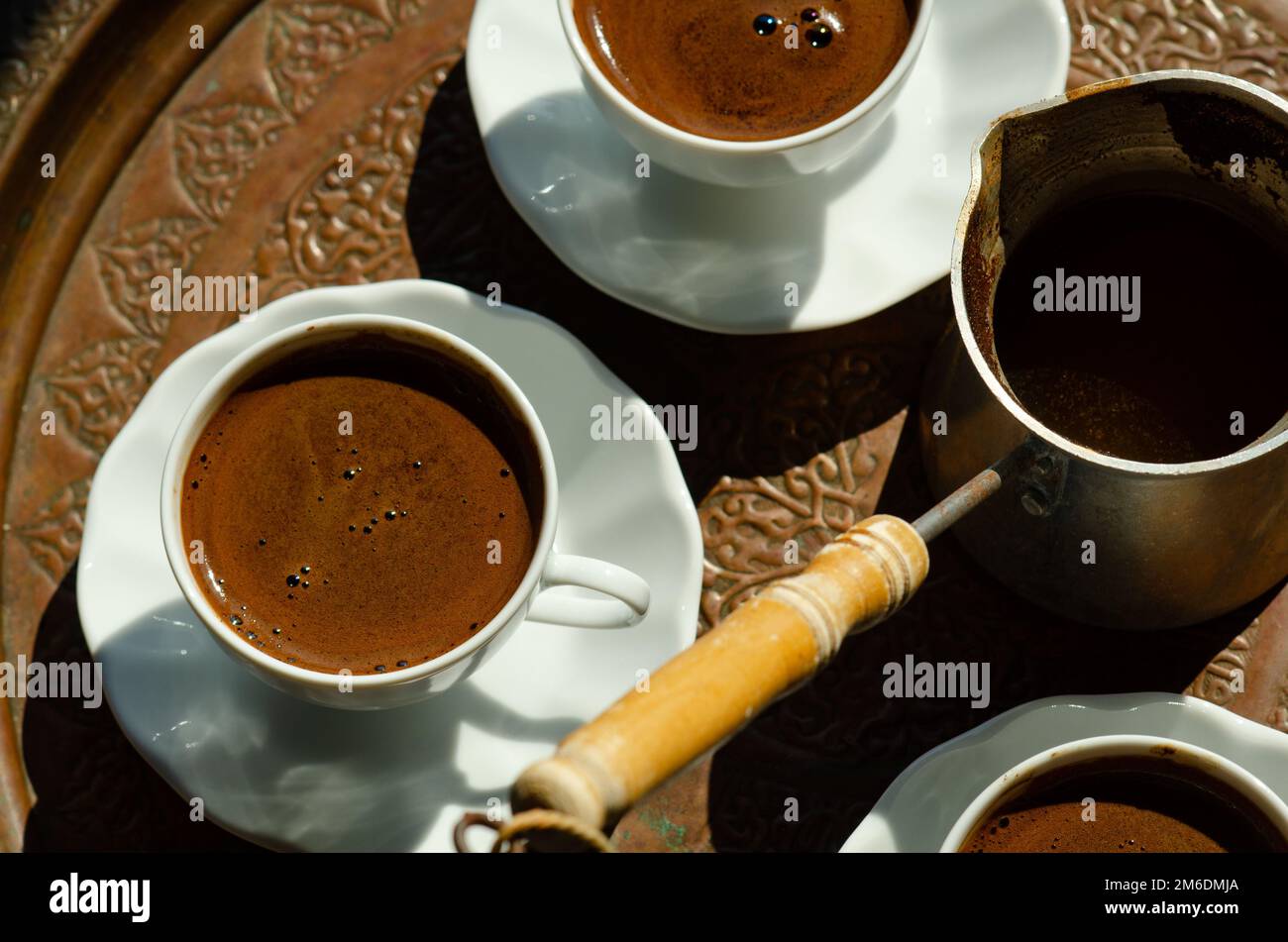 Traditional tray of Arabic or Turkish style coffee Stock Photo