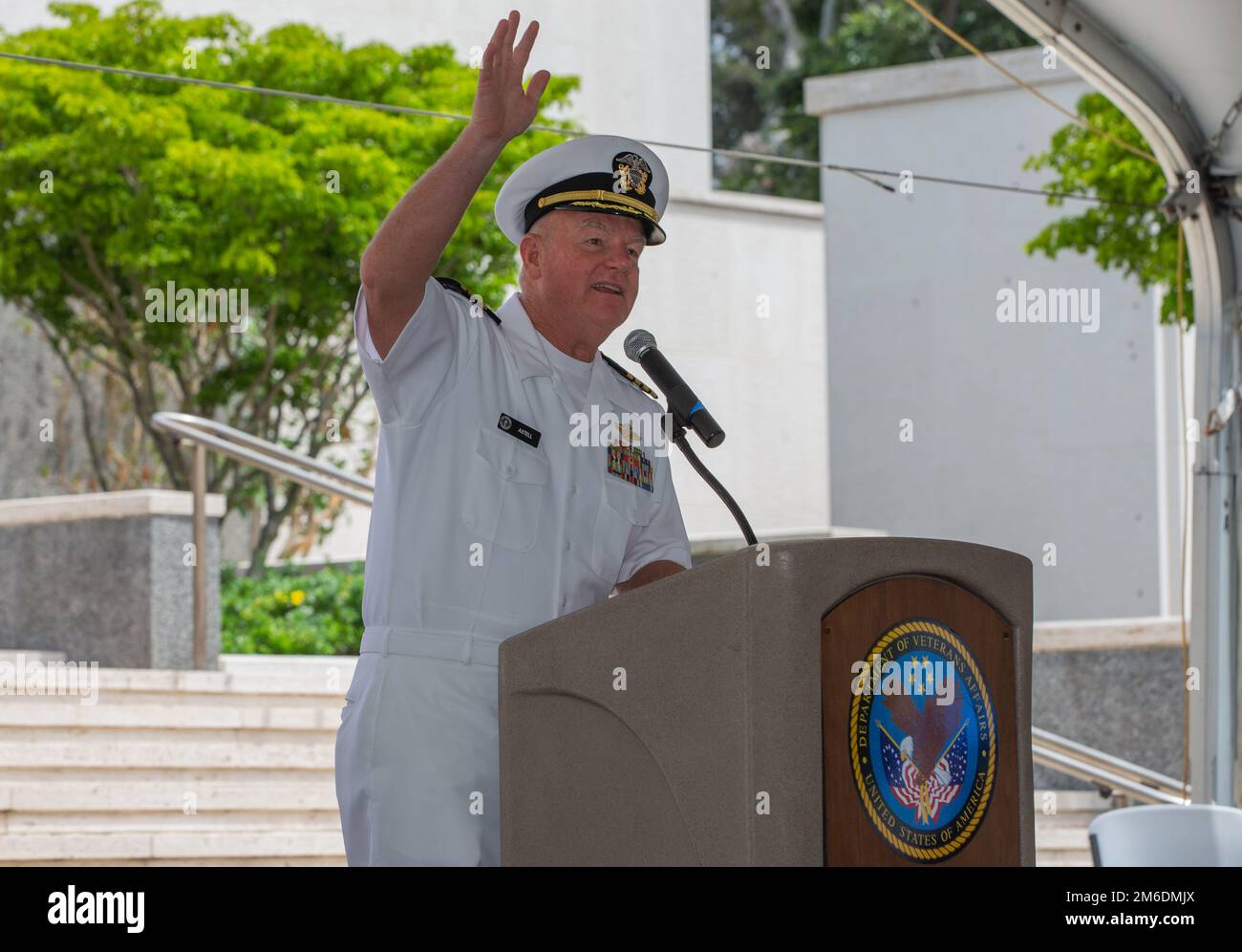 U.S. Navy Capt. Lee A. Axtell, Force Chaplain, U.S. Marine Corps Forces, Pacific delivers the benediction during the Australian and New Zealand Army Corps (ANZAC) Day 2022 ceremony at the National Memorial Cemetery of the Pacific, Honolulu, Hawaii, April 25, 2022. ANZAC Day commemorates the sacrifices made by all Australians and New Zealanders who have served and died in all wars, conflicts and peacekeeping missions around the world. This date marks the anniversary of the first major military action fought by Australia and New Zealand during World War I and is the 50th year MARFORPAC has provi Stock Photo