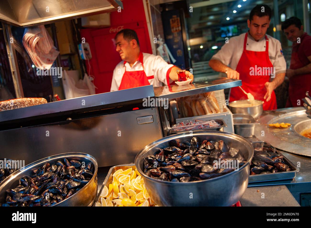 Famous Midye, Turkish stuffed mussels for sale in Balik Pasij on
