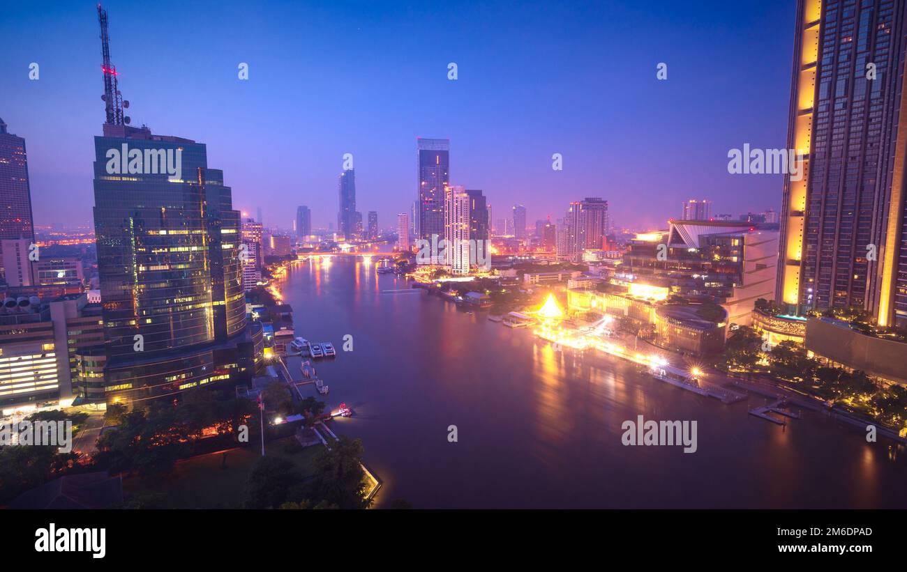 Aerial view Bangkok city skyline at night over Chao Praya River Stock ...