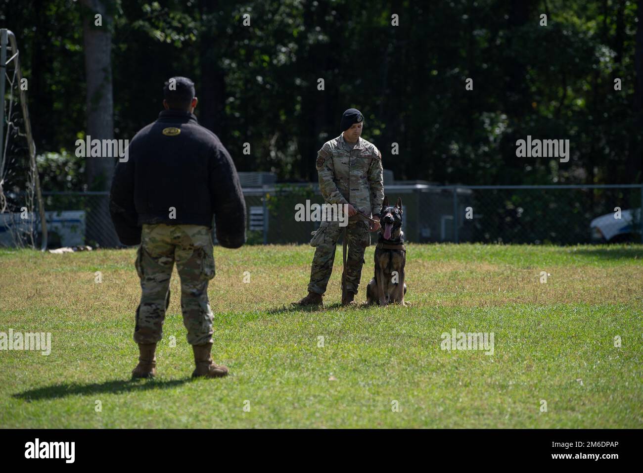 U.S. Air Force Senior Airman Brady Sloup, right, and Senior Airman Joshua Thompson, 23rd Security Forces Squadron military working dog handlers, display a training technique during a K-9 demonstration at St. John the Evangelist Catholic School, Valdosta, Georgia, April 25, 2022. Thompson is wearing a bite suit to eliminate the impact of the dog’s bite. To highlight Month of the Military Child, the St. John faculty hosted the K-9 demo to show appreciation for the military students and their classmates. Stock Photo