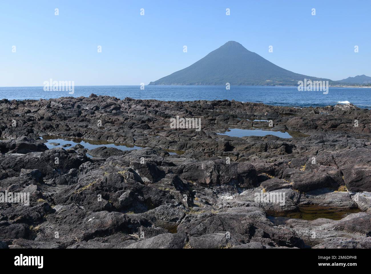 View of famous volcano Kaimondake in the south part of Japan, Kagoshima Prefecture, blue sky and great weather Stock Photo