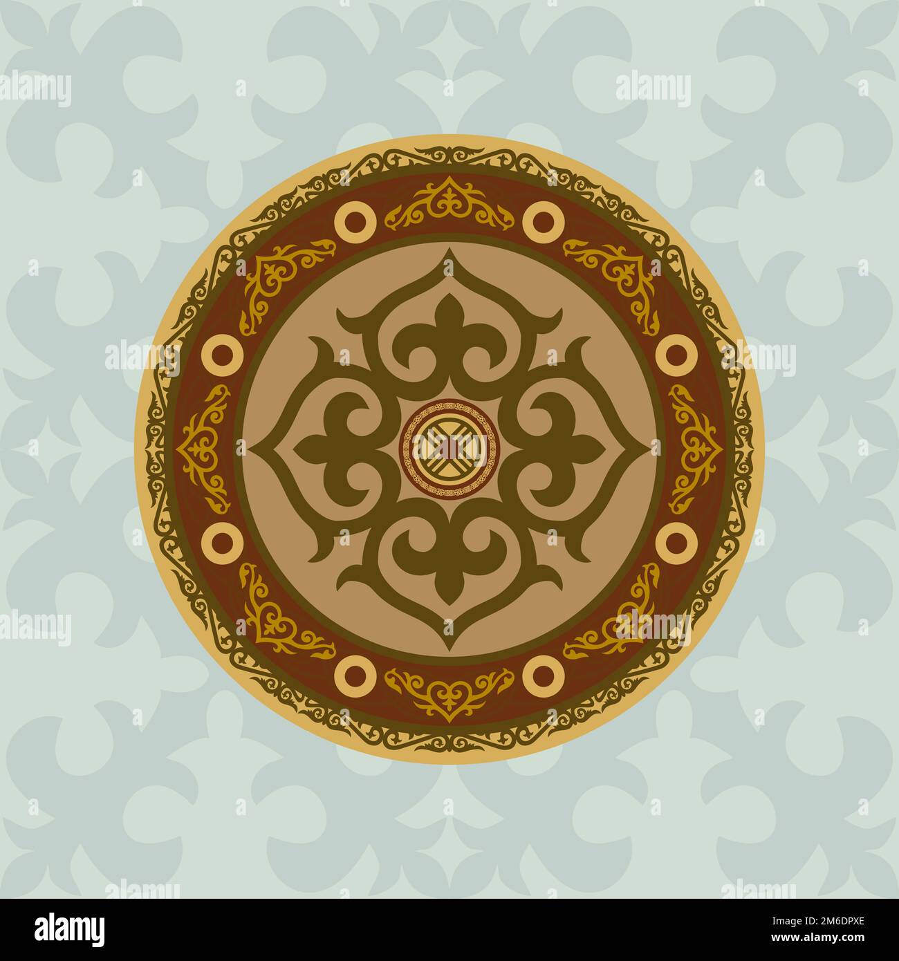 Shield of the Kazakh warrior, the Mongol. Asian National Sora in a circle. Steppe motifs Stock Photo