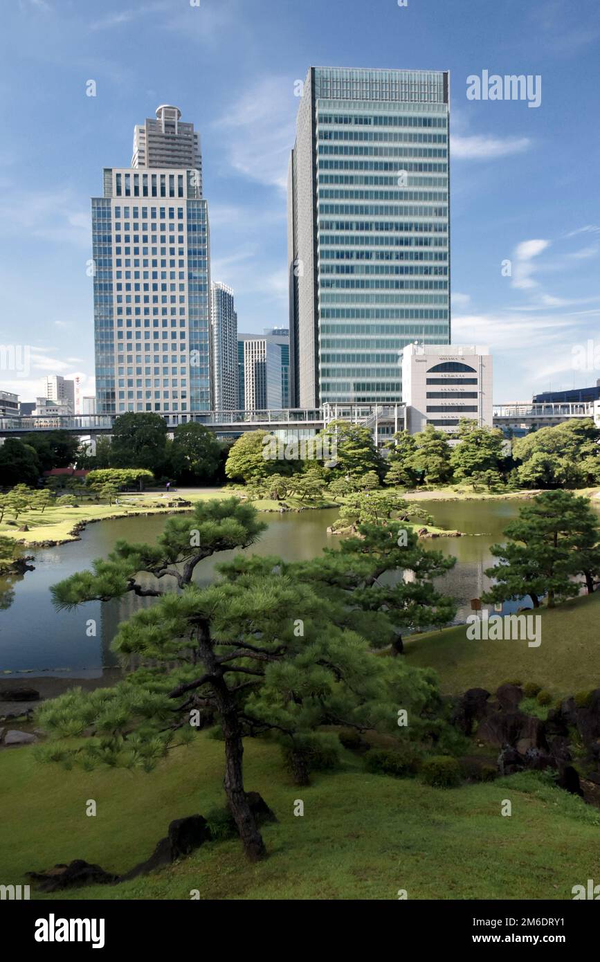 The Kyū Shiba Rikyū Garden - a public garden and former imperial garden in Minato ward in Tokyo, tall skyscrapers in the background Stock Photo