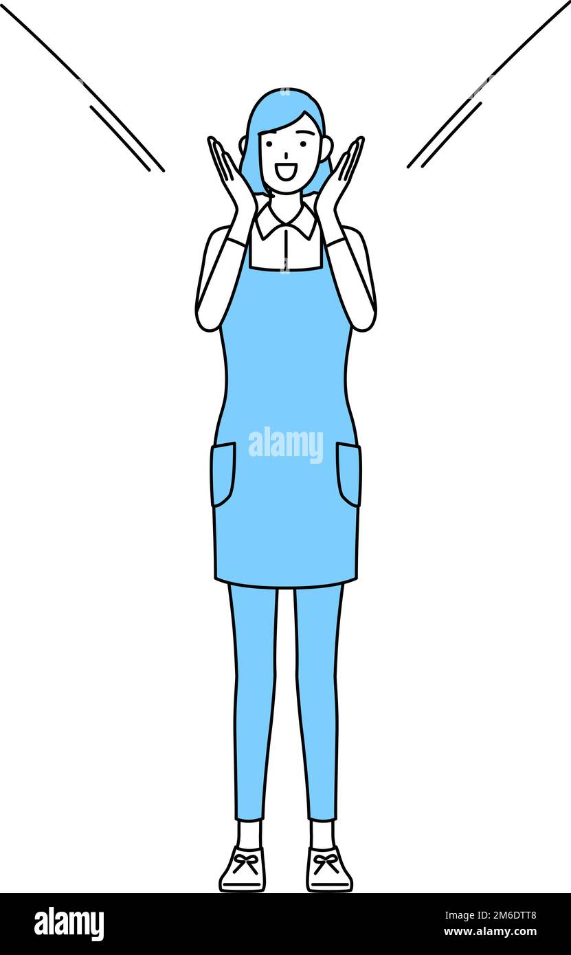 A woman in an apron calling out with his hand over his mouth Stock