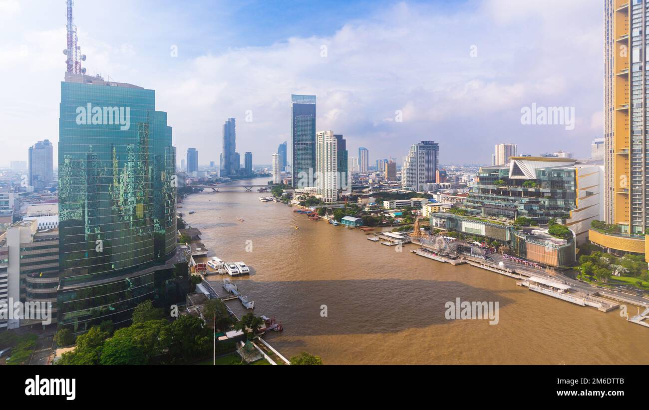 Aerial view Bangkok city skyline over Chao Praya River Stock Photo - Alamy