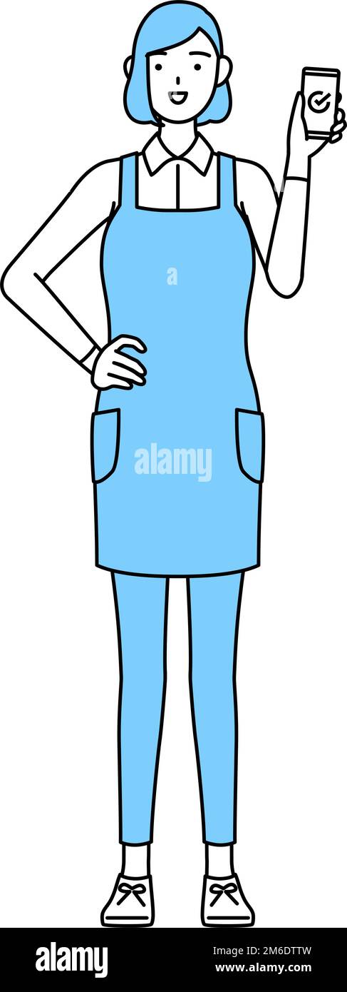 A woman in an apron using a smartphone at work. Stock Vector