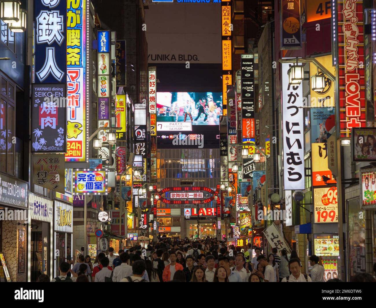 Shinjuku, Japan - 8 9 19: The neon signs of Kabukicho lit up at night in Tokyo Stock Photo