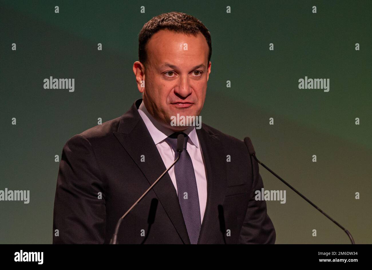 File photo dated 19/11/22 of Fine Gael leader and present Taoiseach, Leo Varadkar making his keynote address during the Fine Gael Ard Fheis. The Taoiseach has said there are no 'early warnings' of further job cuts in the technology sector this year despite a slowdown in recent months. Leo Varadkar said the Government will be monitoring 'very closely' the performance of big tech firms in the coming months. Issue date: Wednesday January 4, 2023. Stock Photo