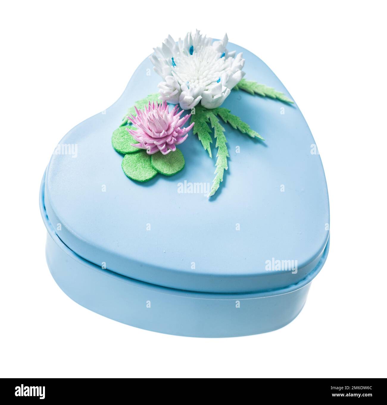 Blue decorated heart-shaped present box isolated on white. Stock Photo