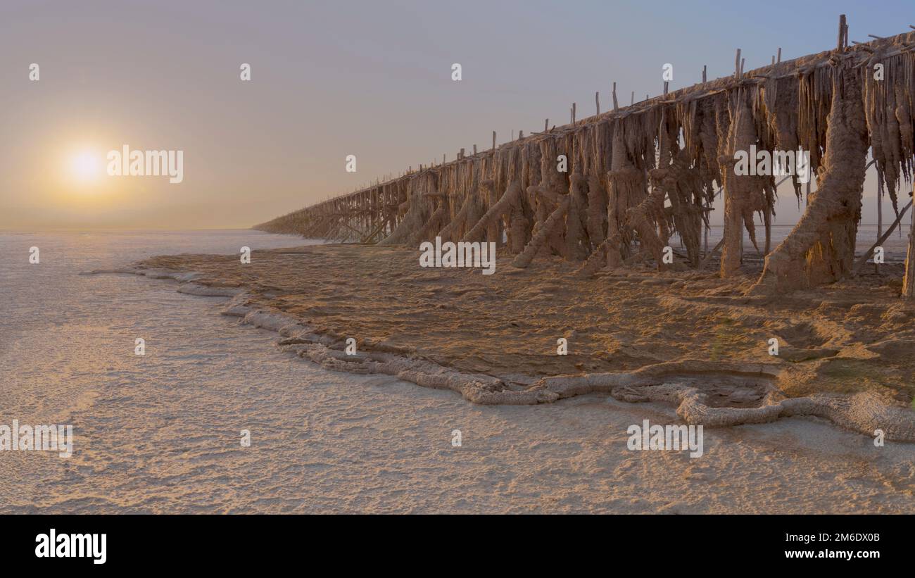 Salt concretions on the extraction pump in the salt plains in the Danakil Depression, Ethiopia. Stock Photo