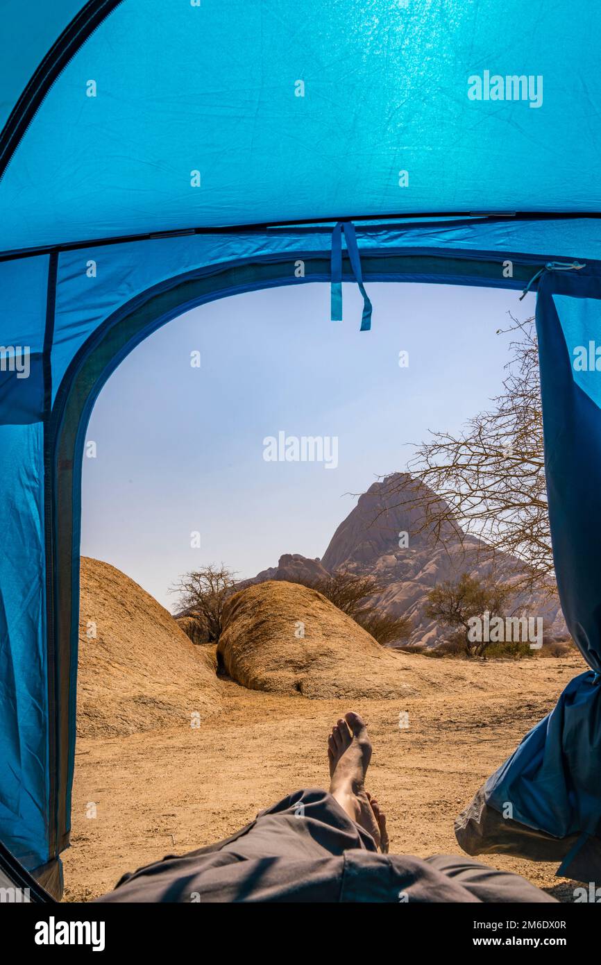 Camping in the Spitzkoppe National Park in Namibia. Stock Photo